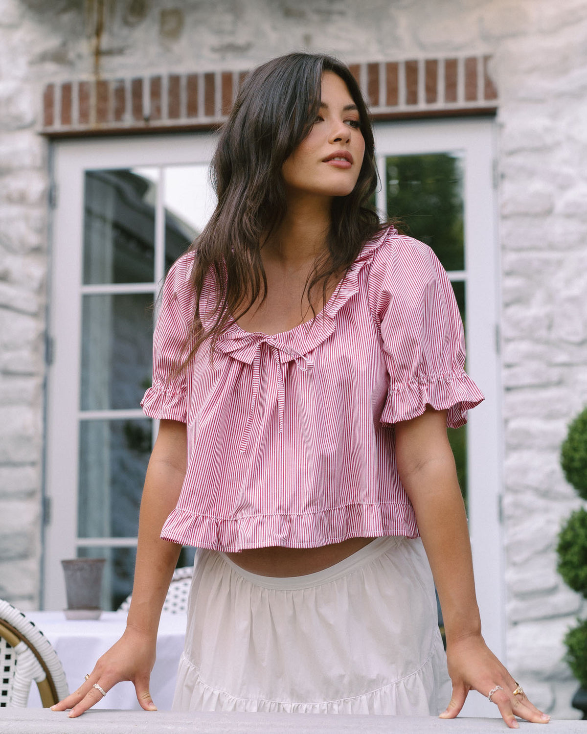 red striped ruffle sleeve short-sleeve blouse