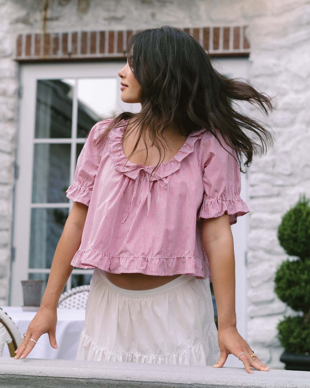 red striped ruffle sleeve short-sleeve blouse