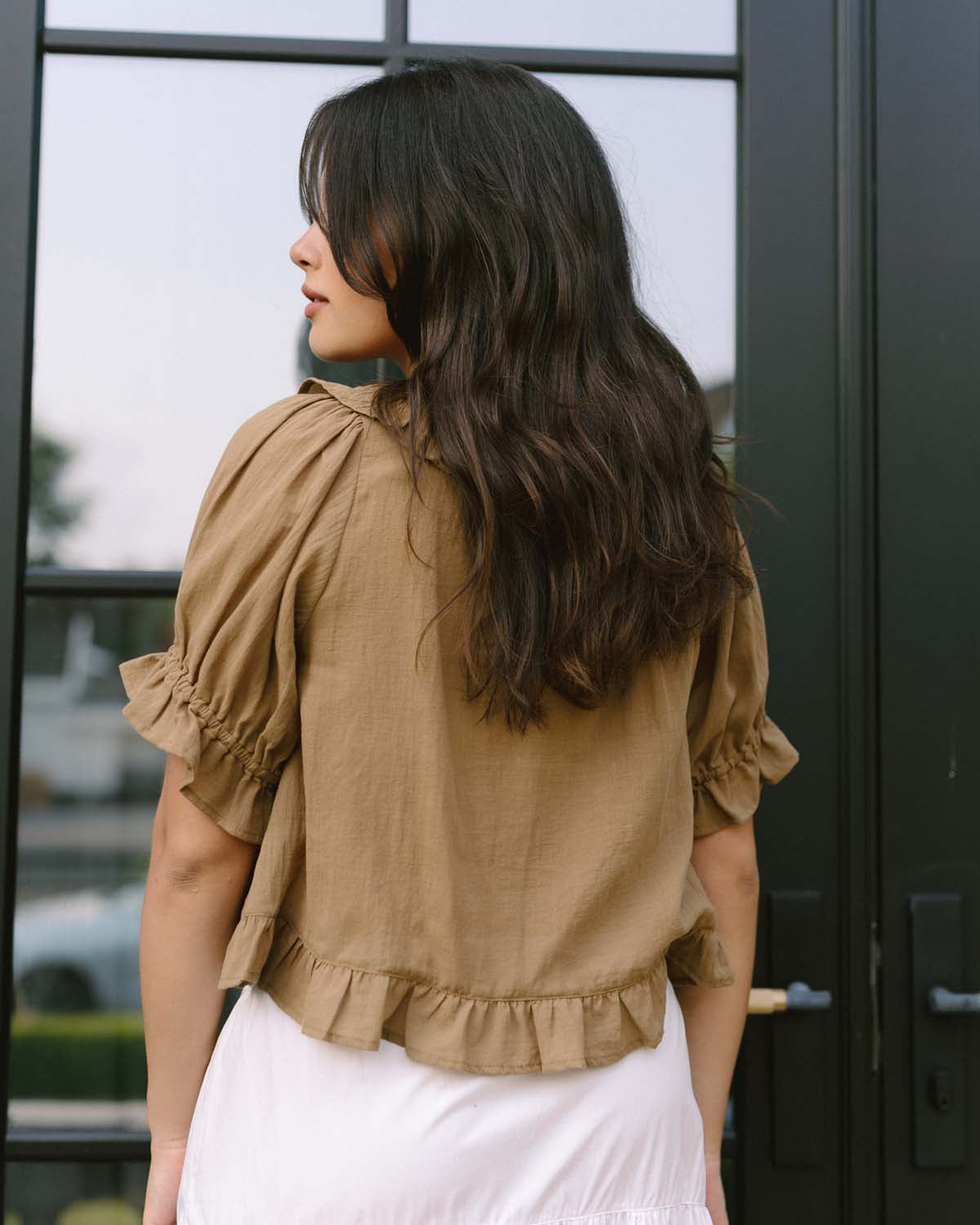 organic cotton blouse with puff sleeve and tie front neckline