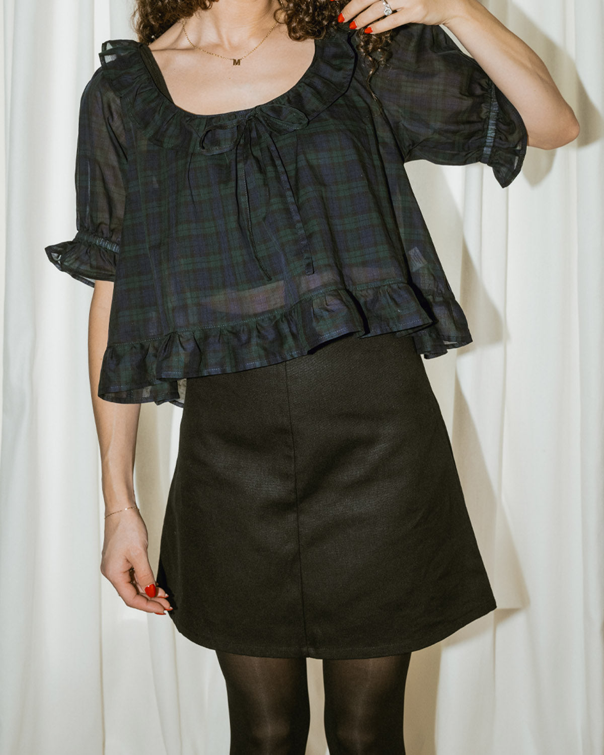 holiday plaid blouse with ruffles