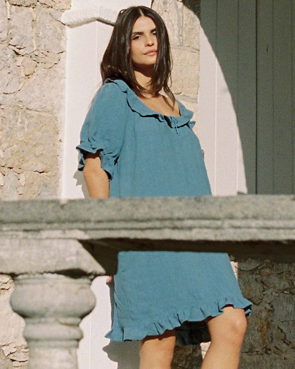 denim blue dress with puff sleeves made from 100% linen