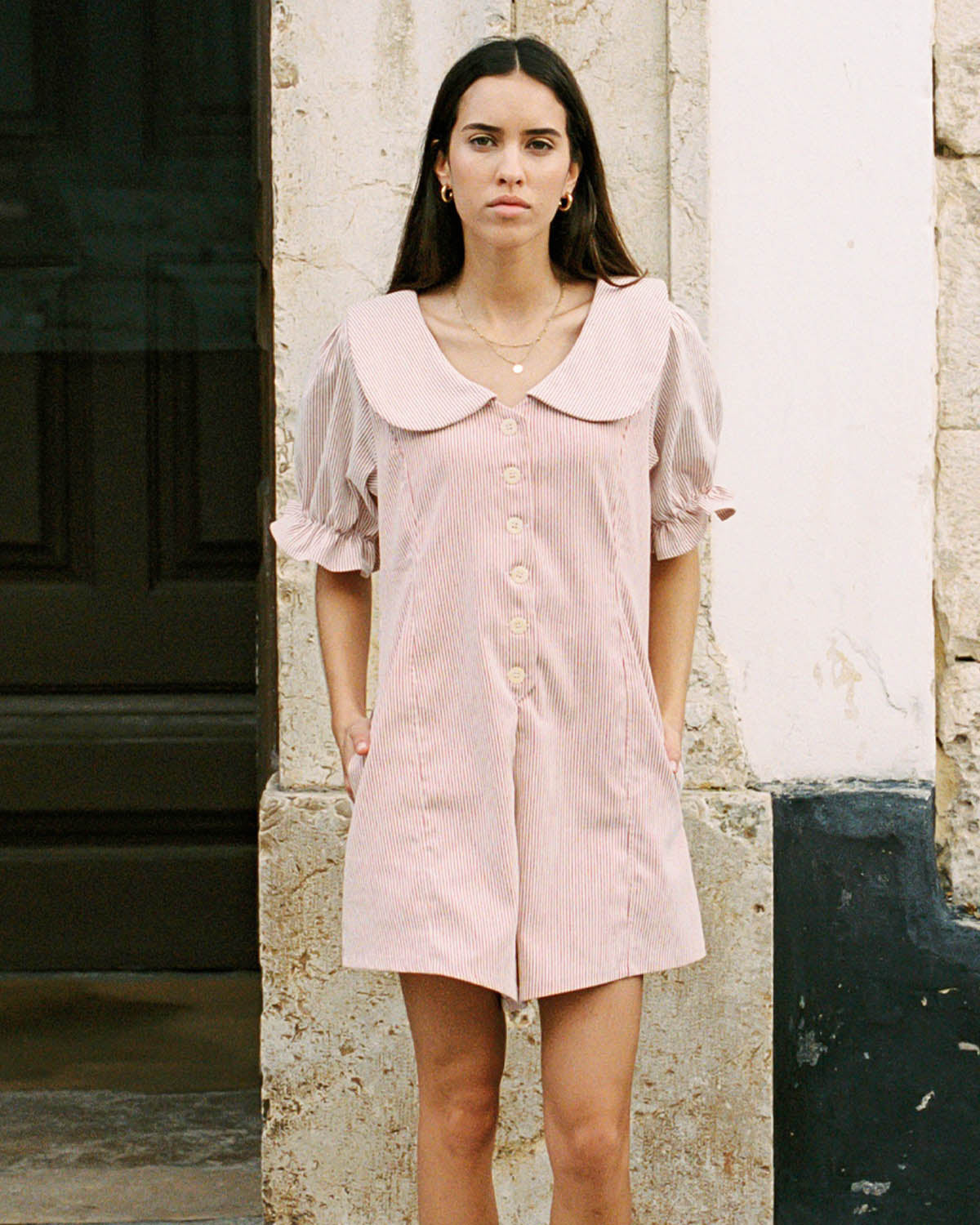 red pinstripe romper with peter pan collar and puff sleeve