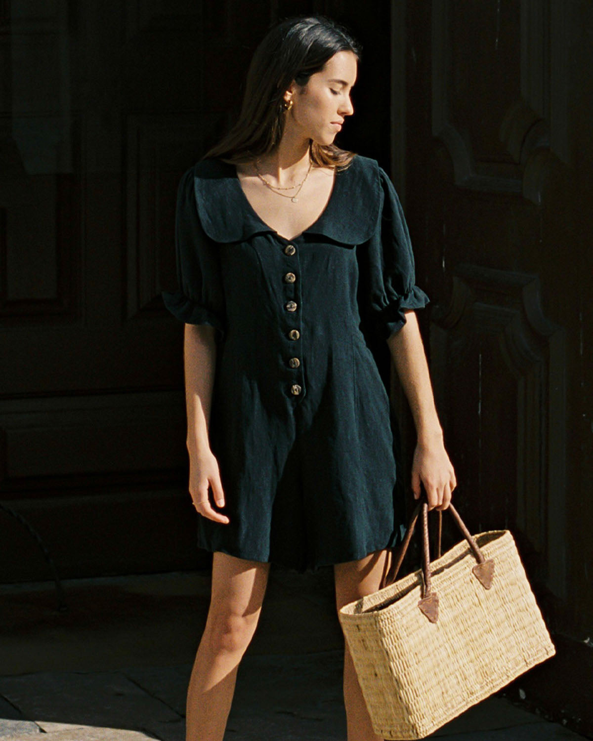 black linen romper with peter pan collar and puff sleeve