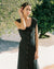 black sleeveless button front linen dress with ties