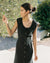 black sleeveless button front linen dress with ties