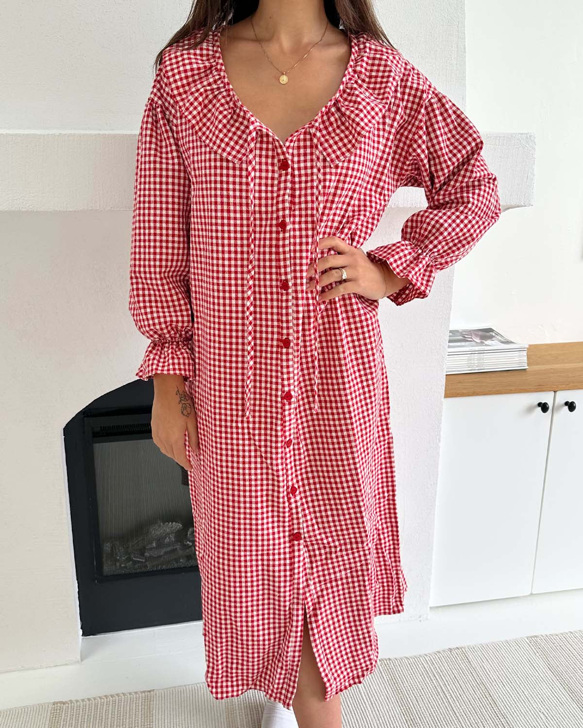 red gingham nightgown dress