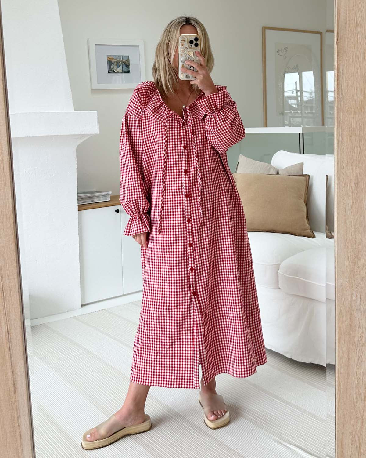 red gingham nightgown dress