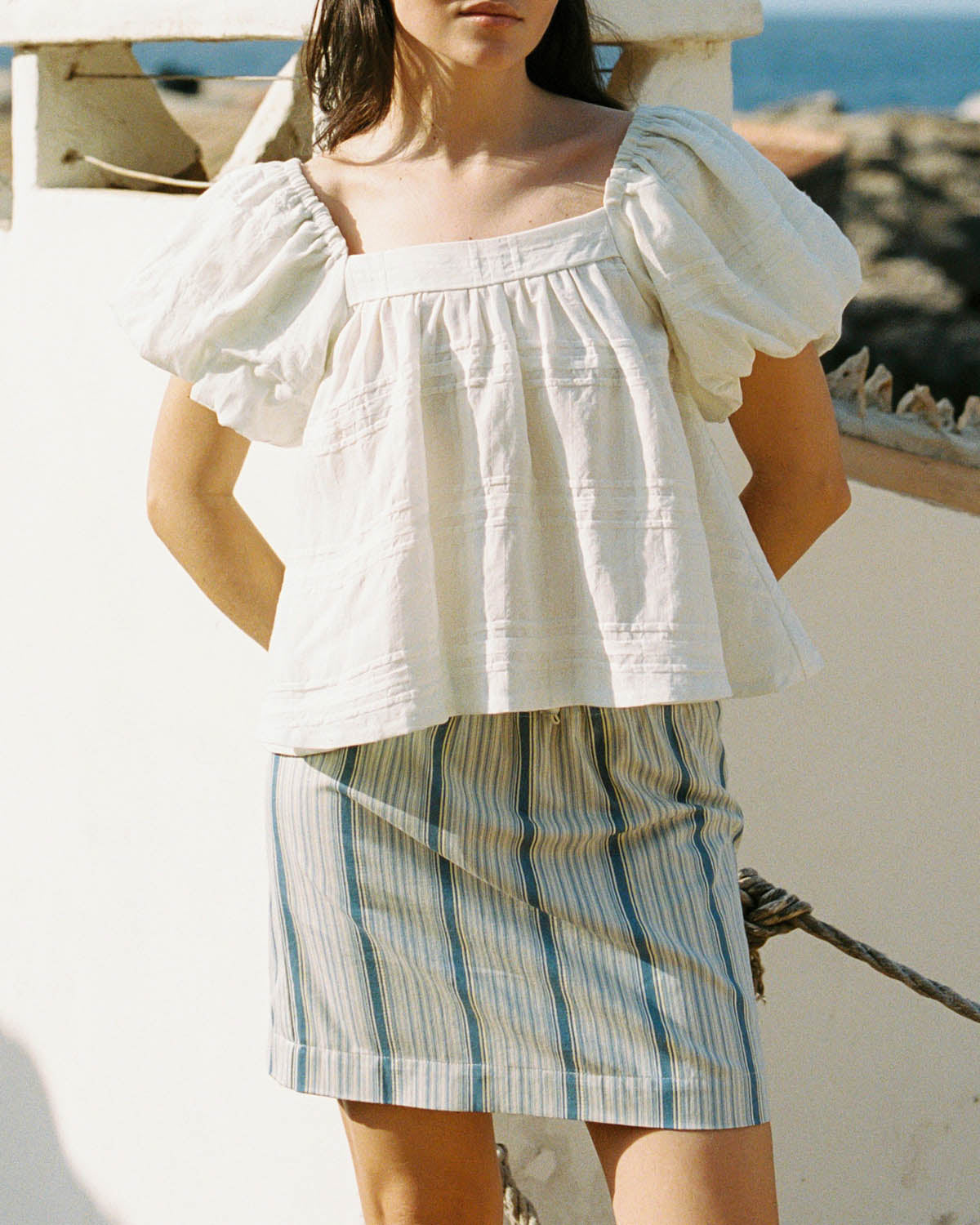 beige and blue striped mini skirt with elastic tie waistband