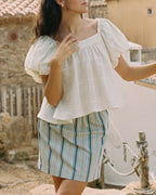 beige and blue striped mini skirt with elastic tie waistband
