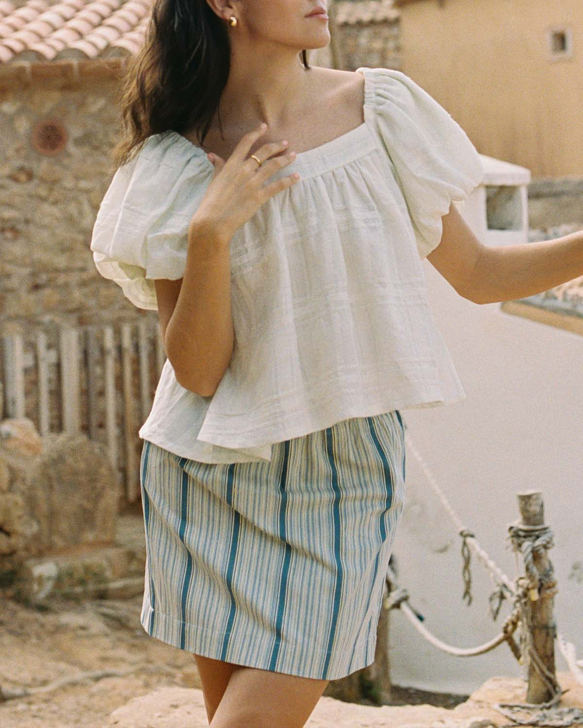 beige and blue striped mini skirt with elastic tie waistband