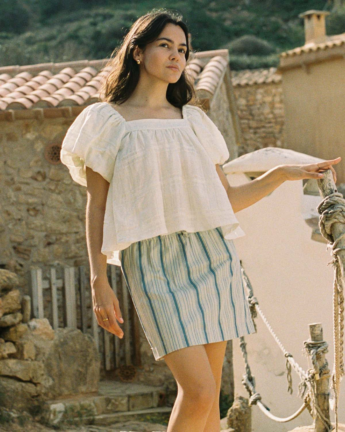 beige and blue striped mini skirt with elastic tie waistband