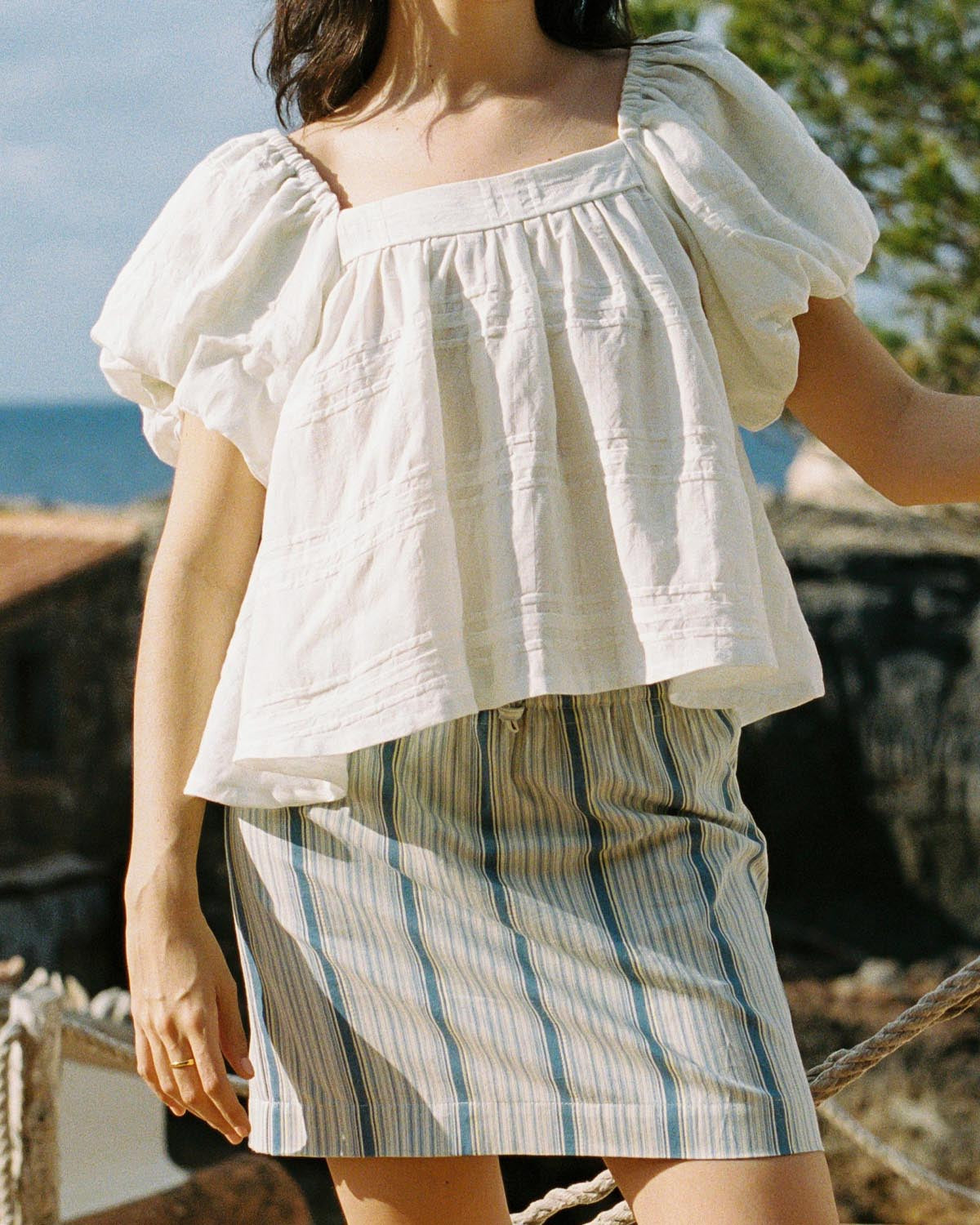 beige and blue striped mini skirt with elastic tie waistband