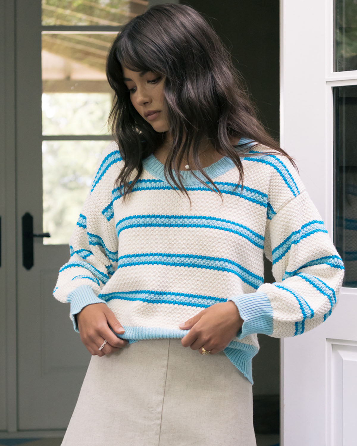 striped sweater in cream and blue
