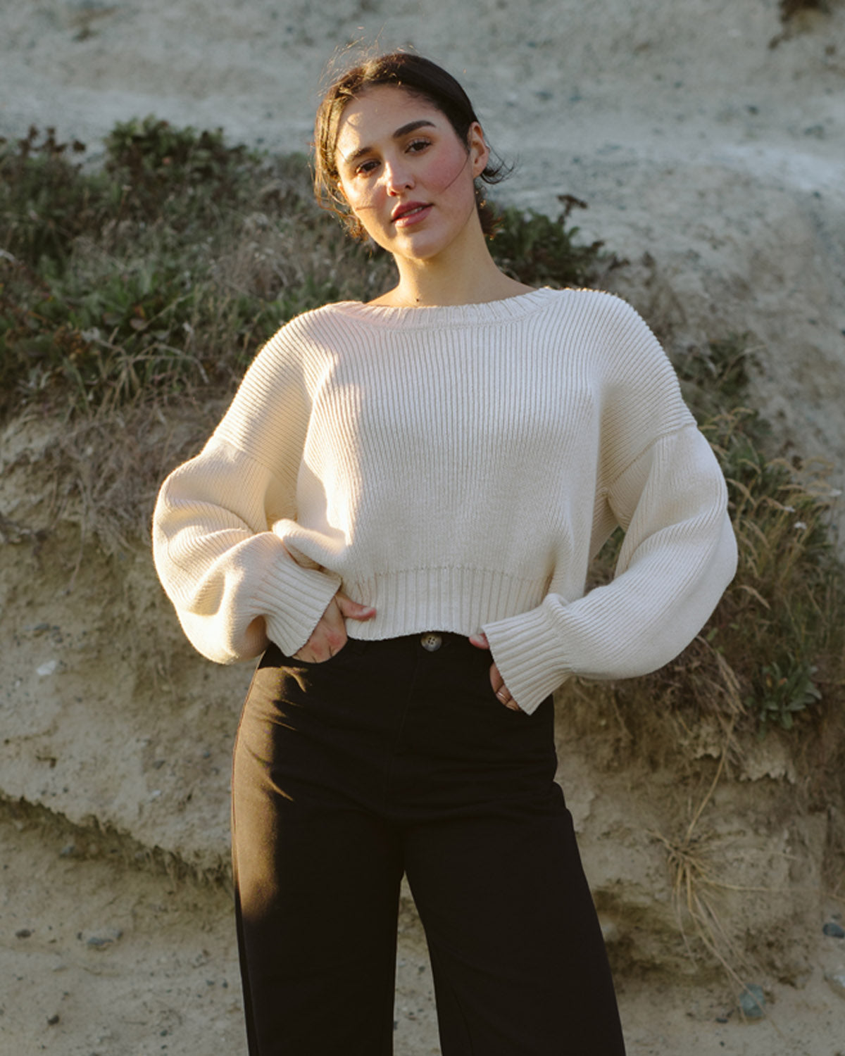 cream knit sweater made from 100% cotton