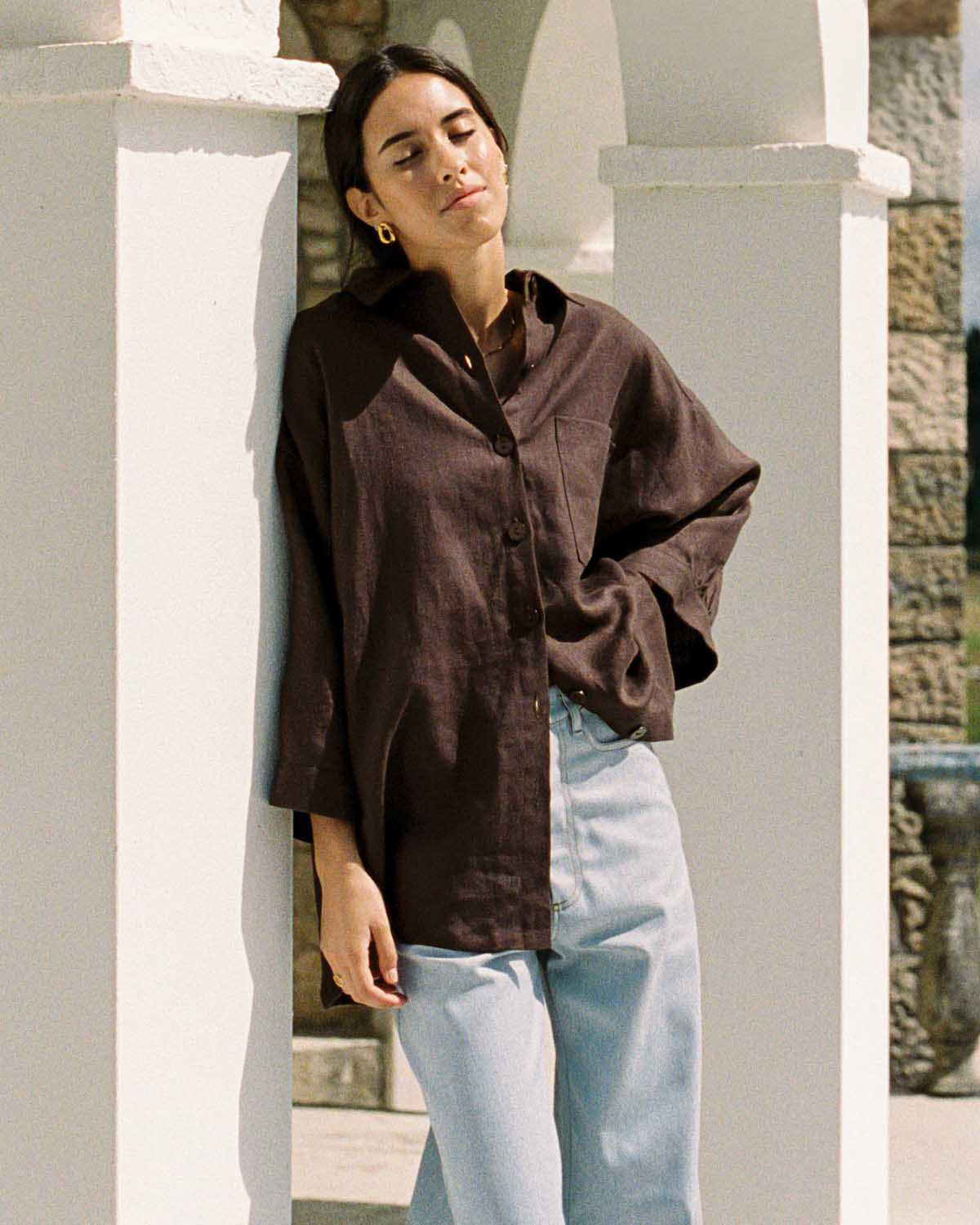 brown linen button-up blouse with 3/4 sleeves
