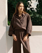 brown linen button-up blouse with 3/4 sleeves