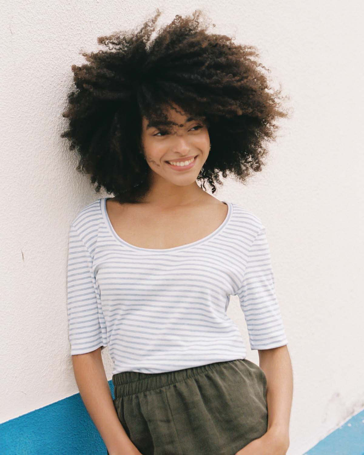 blue and white striped t-shirt