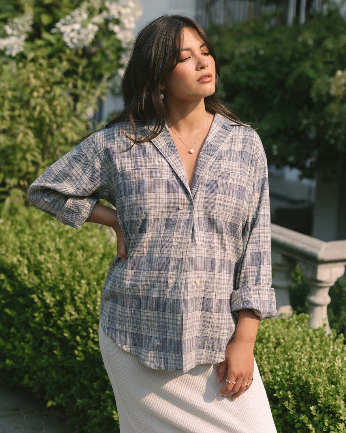 blue plaid linen/cotton button up blouse