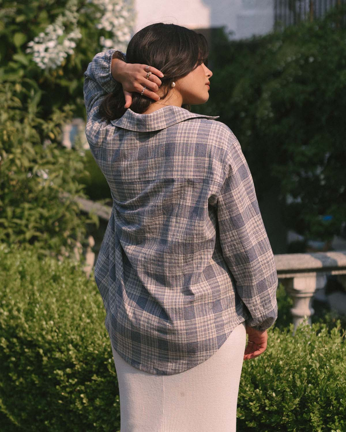 blue plaid linen/cotton button up blouse