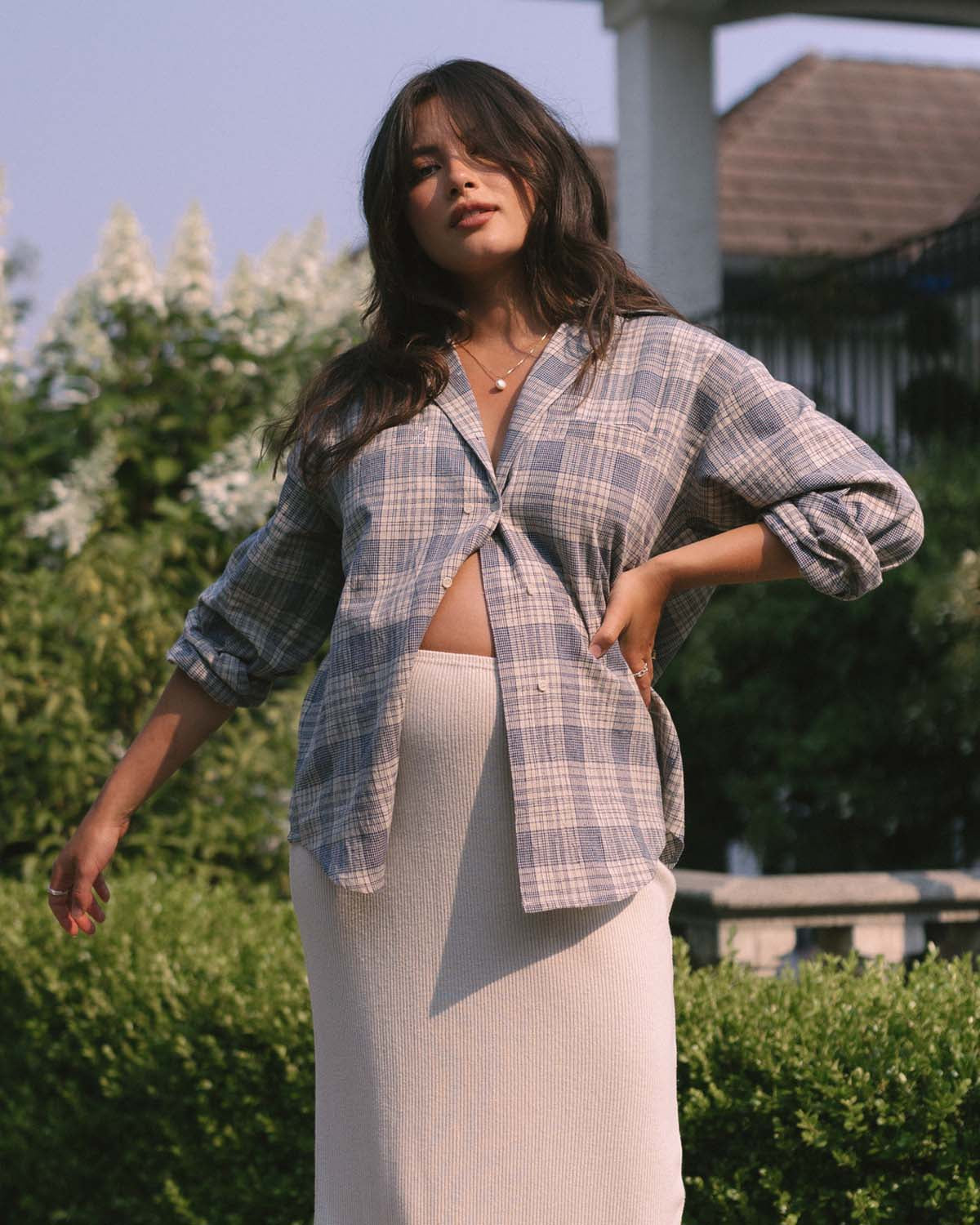 blue plaid linen/cotton button up blouse