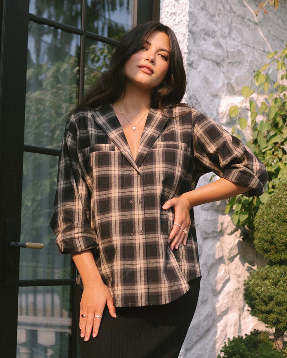 brown plaid linen/cotton button-up blouse 