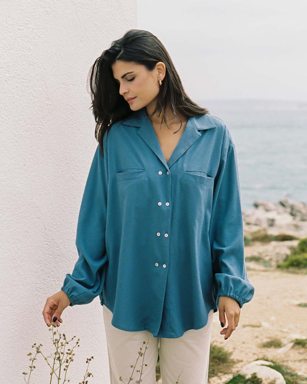 blue raw silk button up blouse