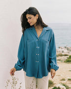 blue raw silk button up blouse