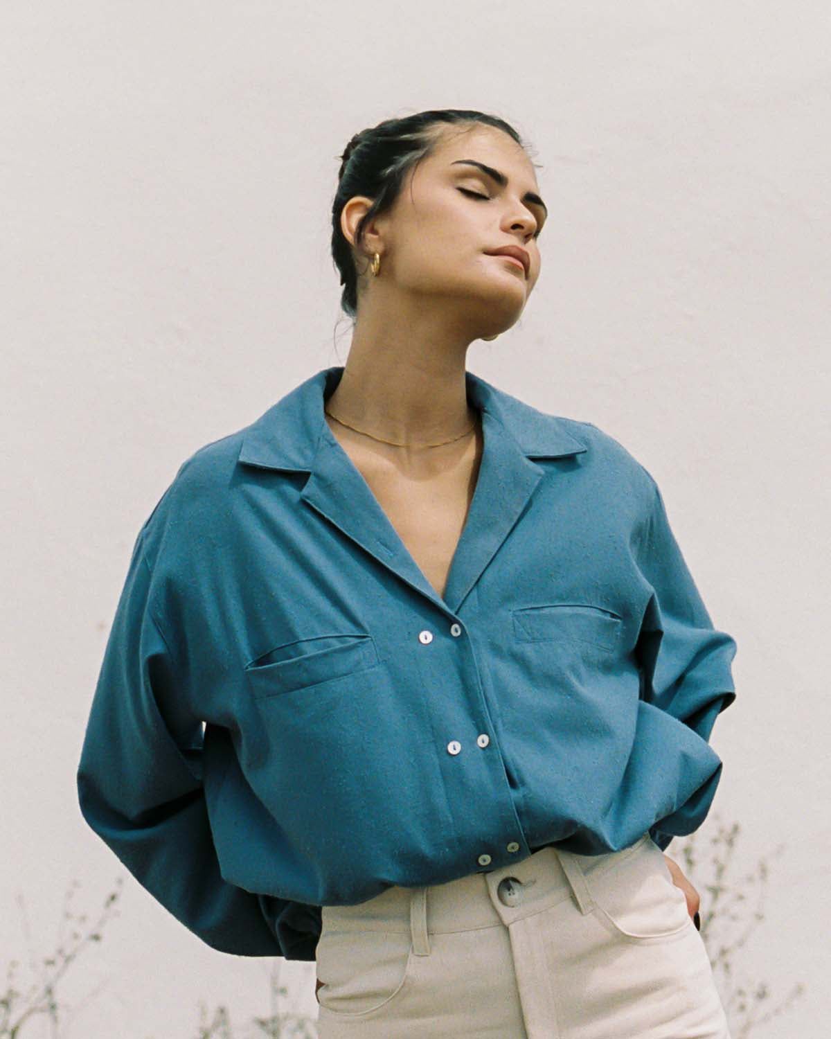 blue raw silk button up blouse