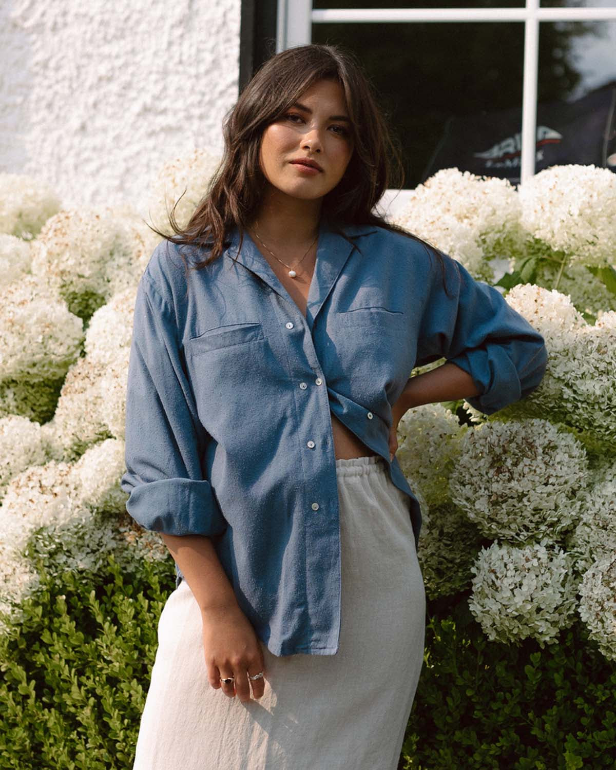 blue raw silk button up blouse