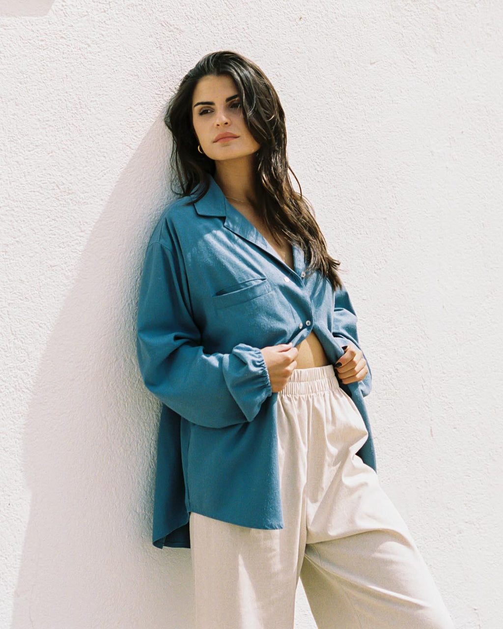 blue raw silk button up blouse