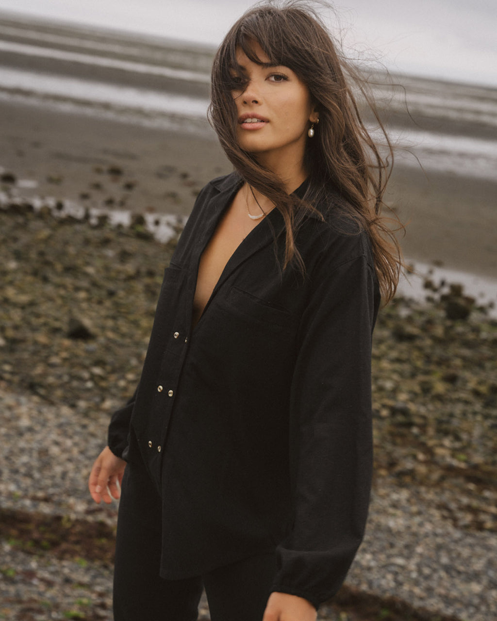 Black button-up made from raw silk