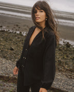 Black button-up made from raw silk