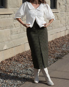 olive coloured cotton zip front skirt