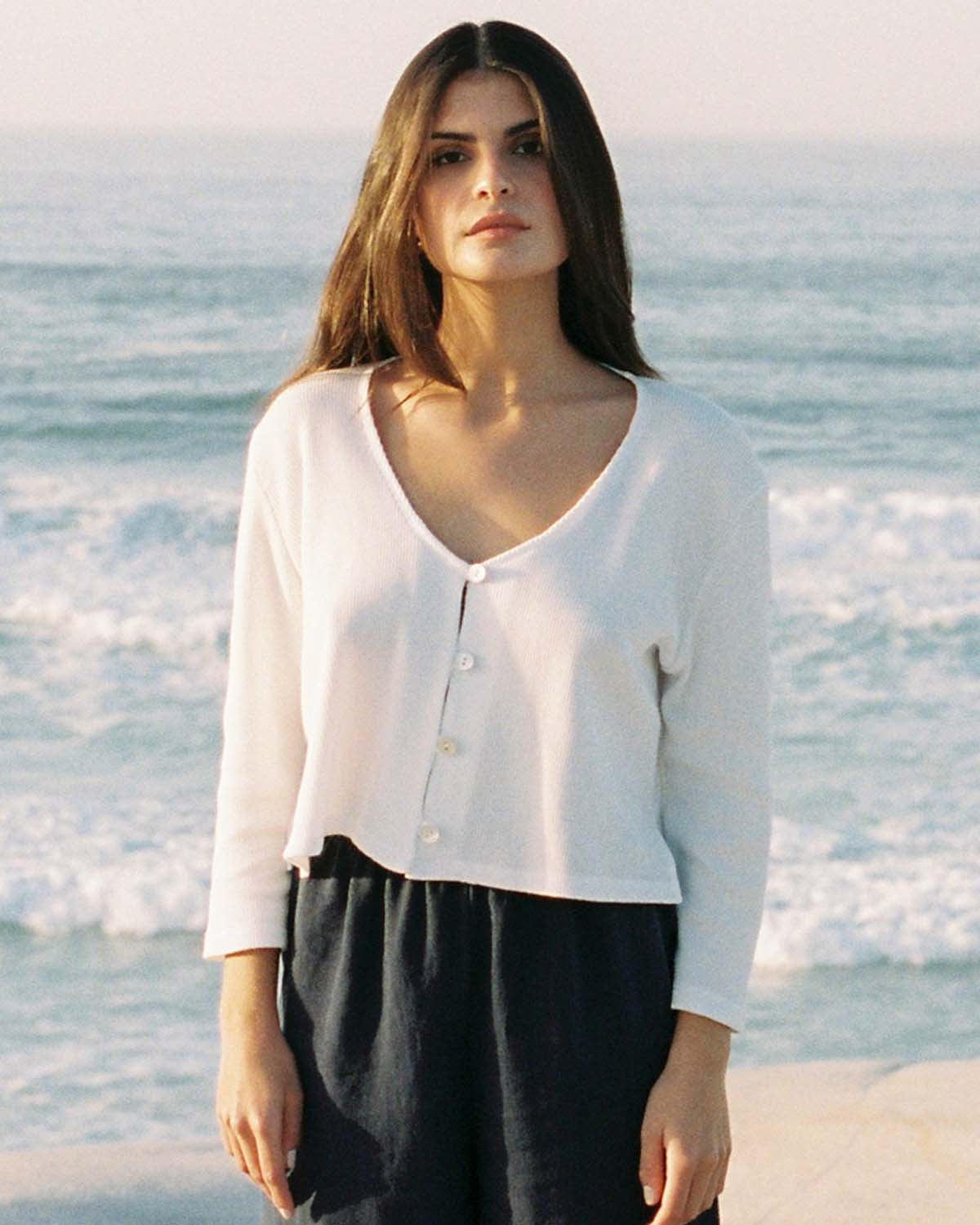 3/4 sleeve blouse with button front, in white