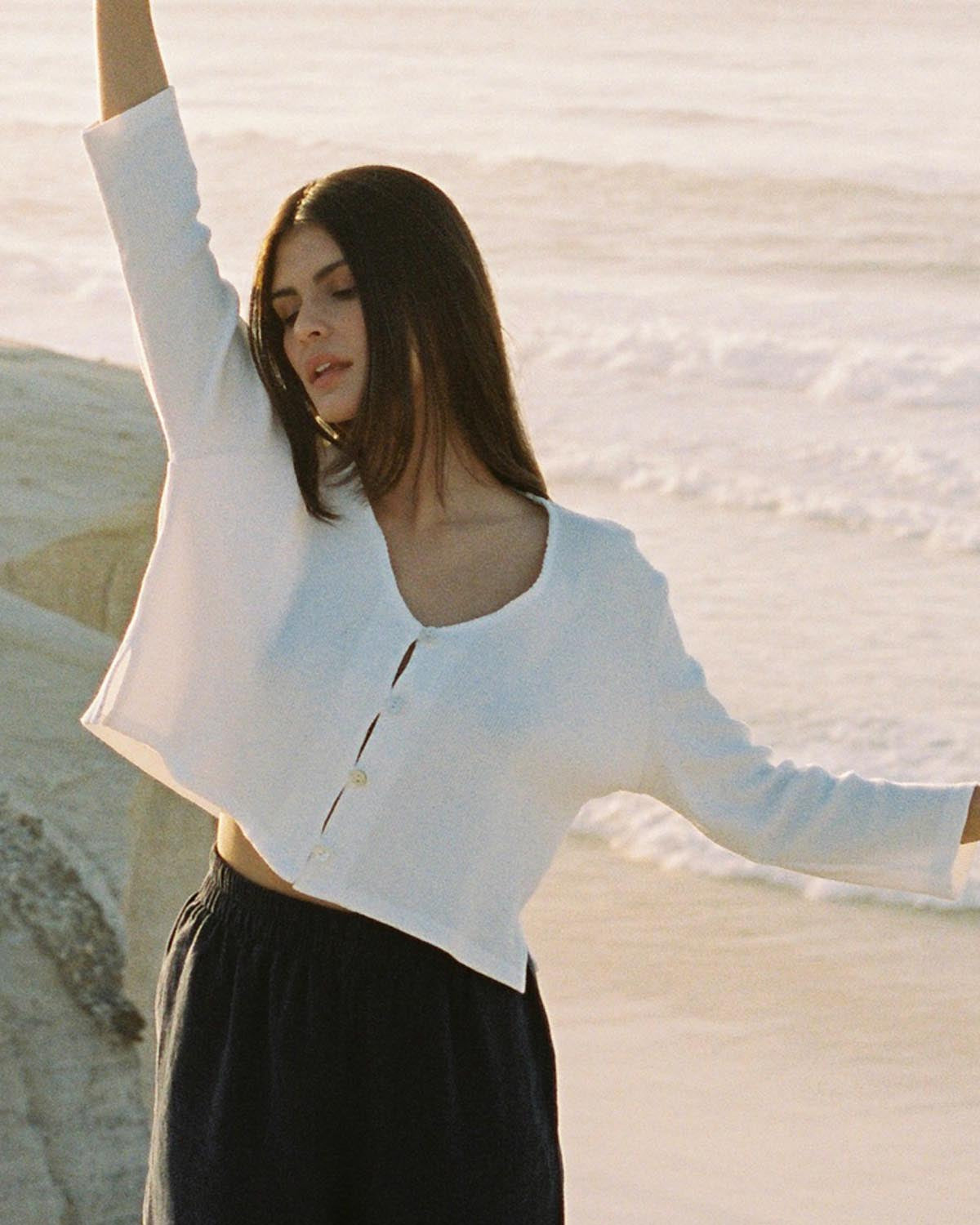 3/4 sleeve blouse with button front, in white