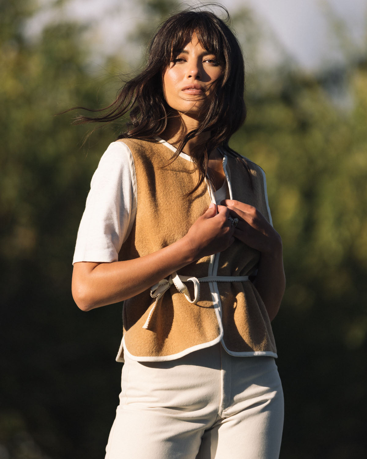 caramel-coloured wool vest with tie