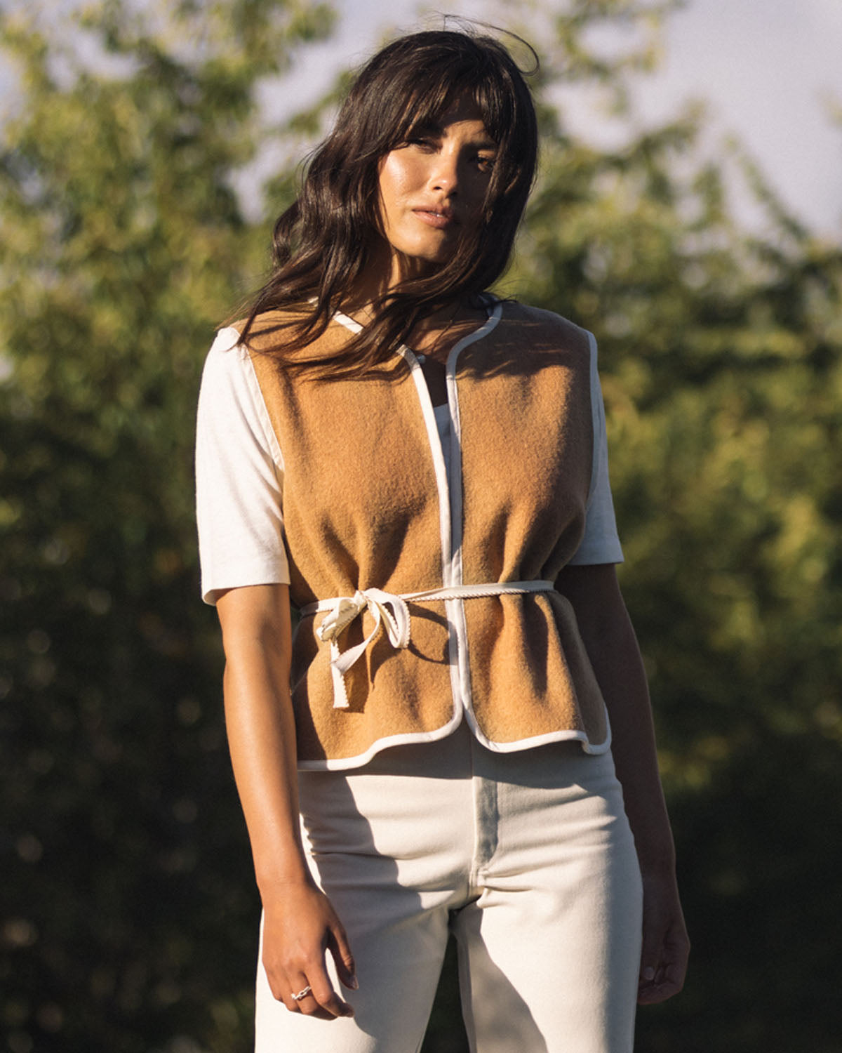 caramel-coloured wool vest with tie