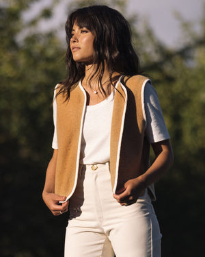 caramel-coloured wool vest with tie