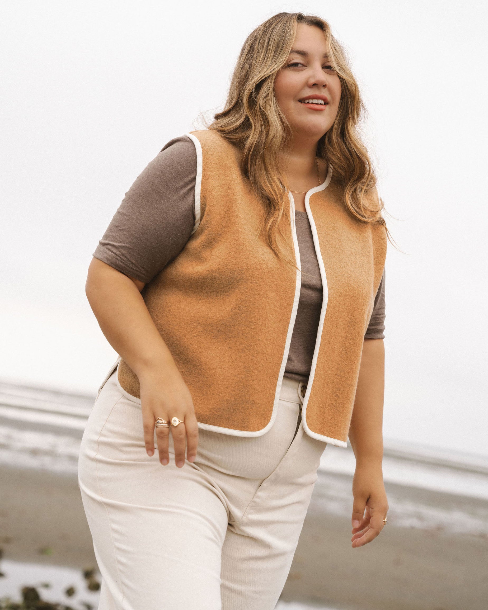 caramel-coloured wool vest with tie