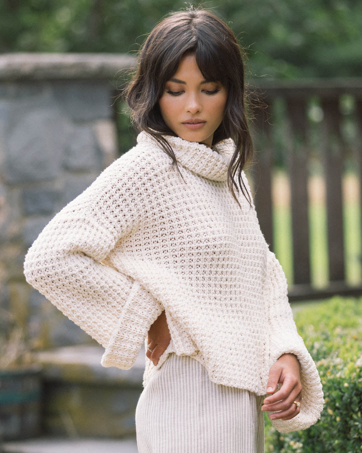 cream mockneck sweater made from cotton, wide sleeves