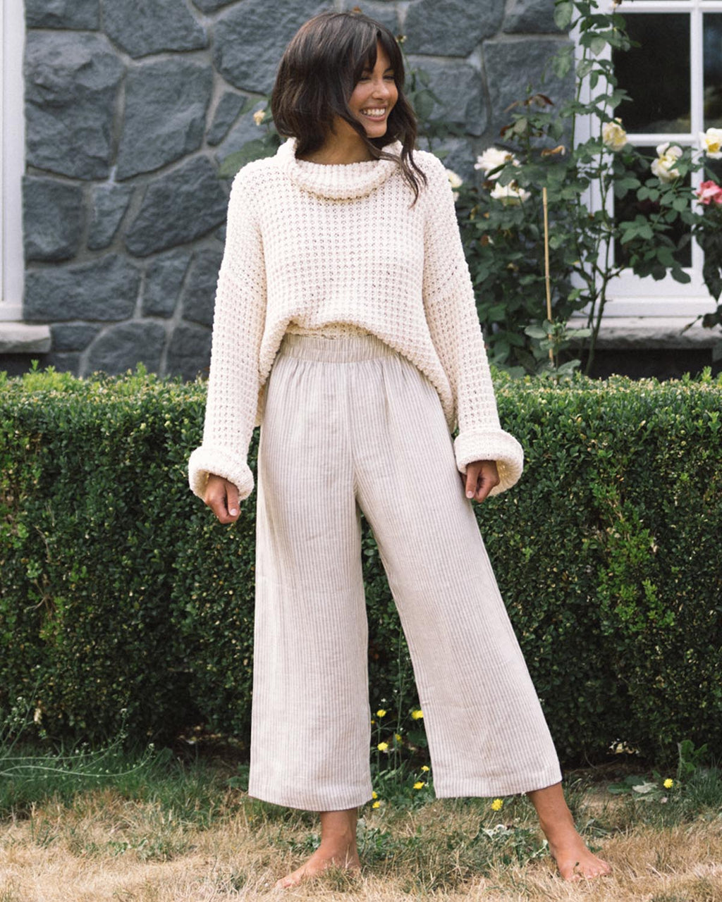 high-waisted wide leg pants with elastic waist and stripes
