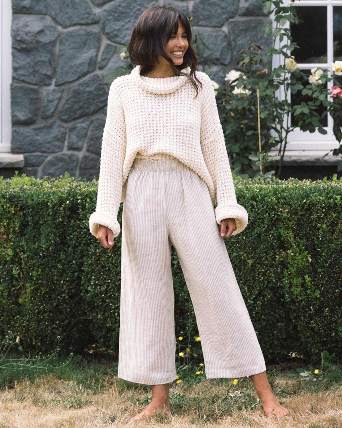 high-waisted wide leg pants with elastic waist and stripes