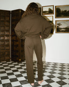 100% cotton brown pants with thin elastic waistband