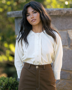 ivory raw silk button up blouse with 3/4 sleeves
