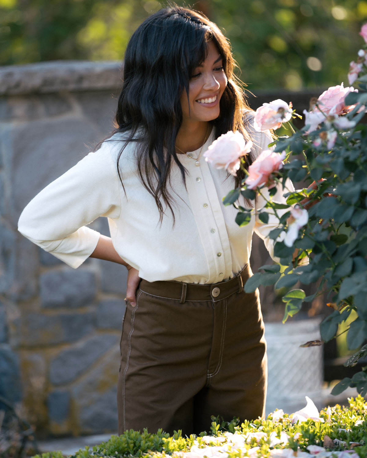 ivory raw silk button up blouse with 3/4 sleeves