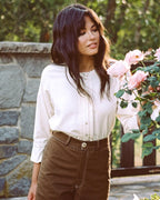 ivory raw silk button up blouse with 3/4 sleeves