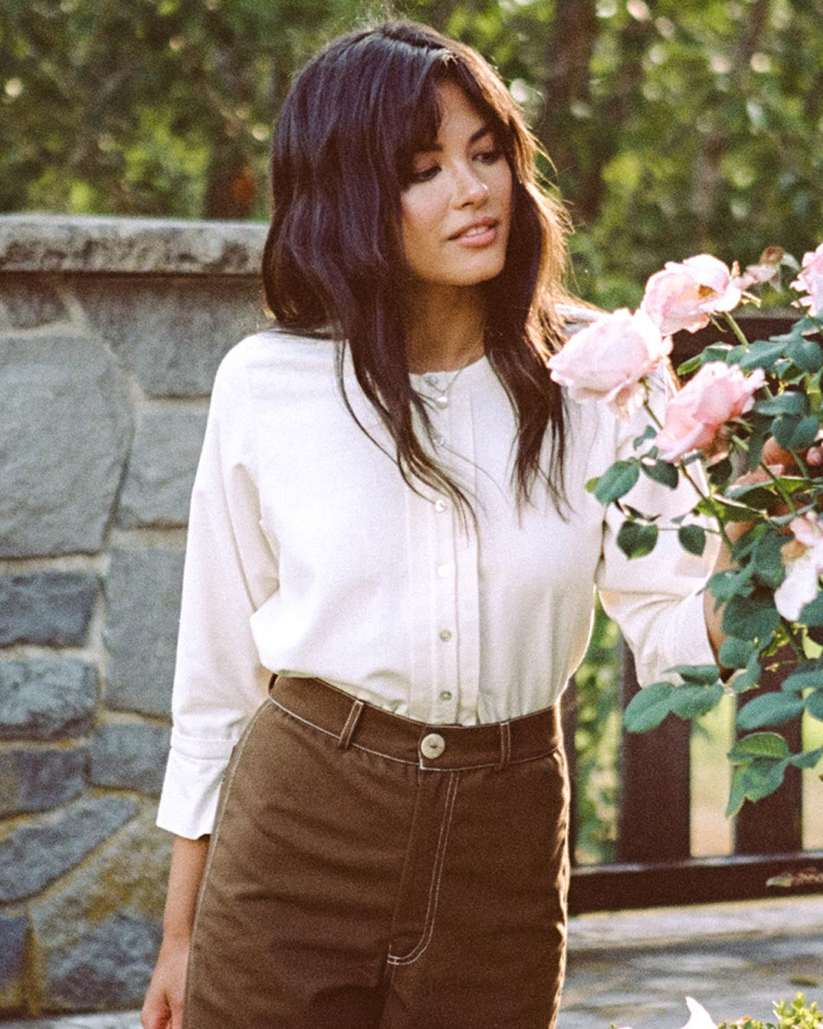 ivory raw silk button up blouse with 3/4 sleeves