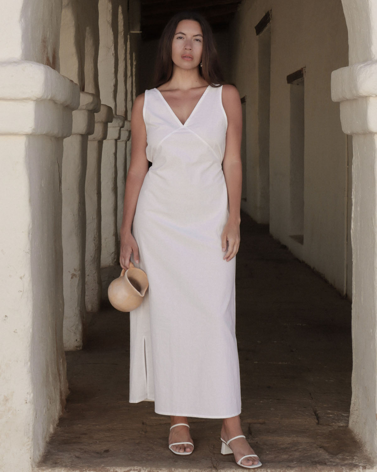 white cotton long dress with ties