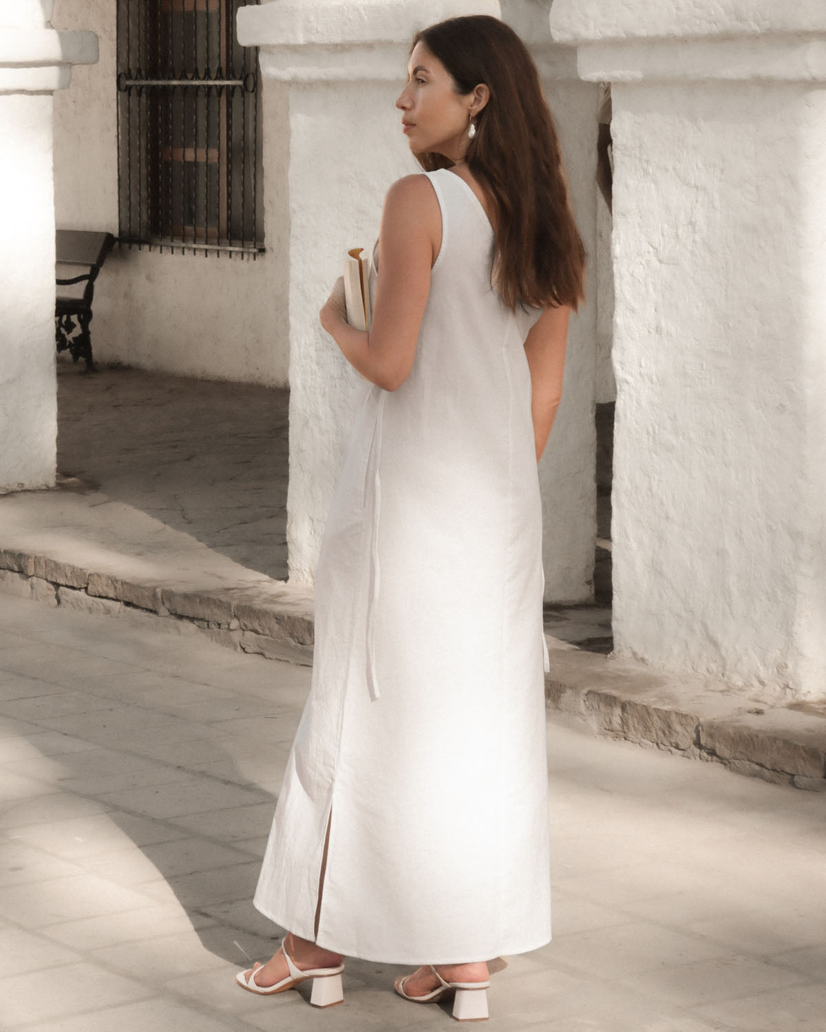 white cotton long dress with ties