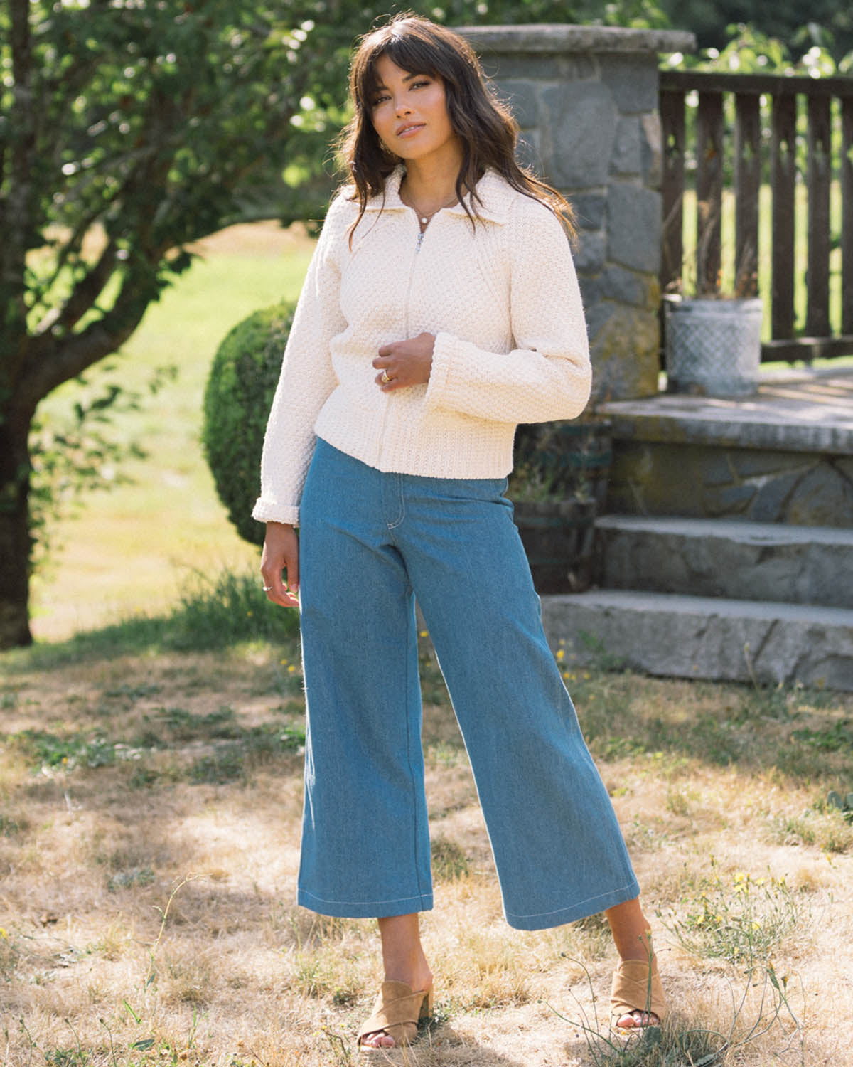 high-waisted, wide-leg denim pants